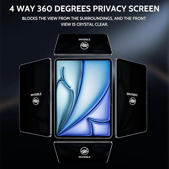 Peslv 4 Way Privacy Screen for iPad Air 11 Inch (2024-2026, M2 M3 M4), Anti Glare Blue Light 360 Spy Filter Private Cover, High Sensitive Bubble-Free Easy Install Black Security Protector