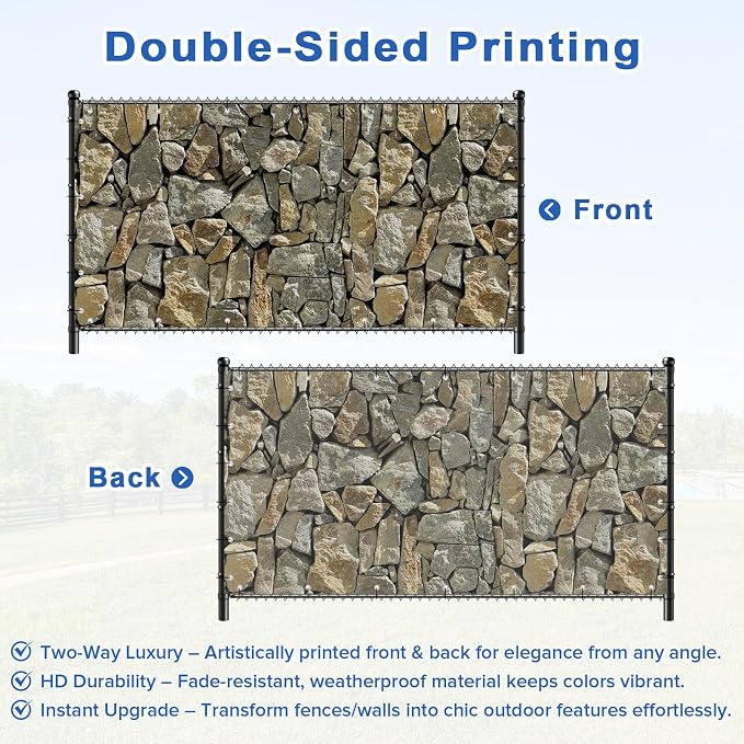 UPGRADE 3'x23'Customized PVC Privacy Fence Screen with Stone Wall Print – Outdoor Waterproof Patio Privacy Cover for Yard, Balcony, Garden Fence Decoration