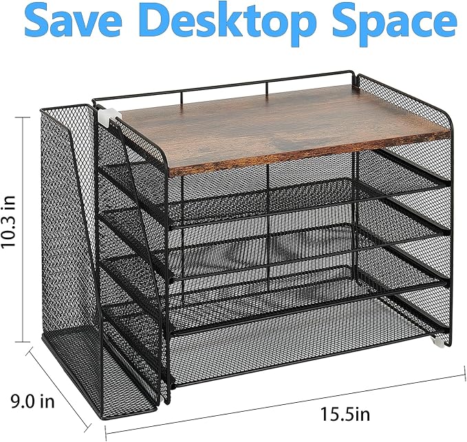 OPNICE Desk Organizer, 5-Tier Paper Organizer Letter Tray with Magazine Holder, Office Desk Accessories & Workspace Organizers, Desktop File Organizer for Office Supplies Storage, Wood