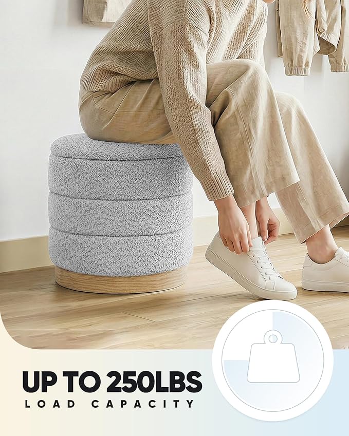 B FSOBEIIALEO Round Storage Ottoman with Tray, Folding Ottoman with Storage Coffee Table Foot Rest for Dorm Room Living Room Chenille Fabric,Sliver Grey,15.35"x15.35"x14.57"