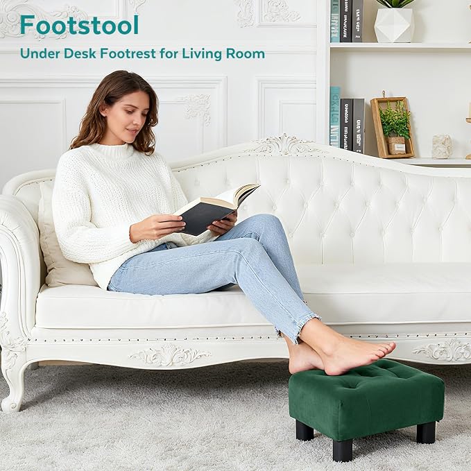 Small Foot Stool Ottoman, Velvet Footstool Ottoman Foot Rest for Couch, Rectangle Footstools and Ottomans Small for Living Room, Entryway (Green)