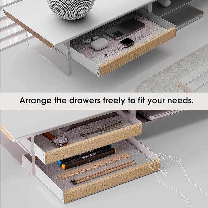 Fenge 42.5” Dual Monitor Stand Riser with 2 Felt-Lined Drawers, Aesthetic Metal and Wood Monitor Shelf with Acrylic Legs, 2-Tier Desk Organizer for 2 Monitors, Laptop, Printer, TV, White