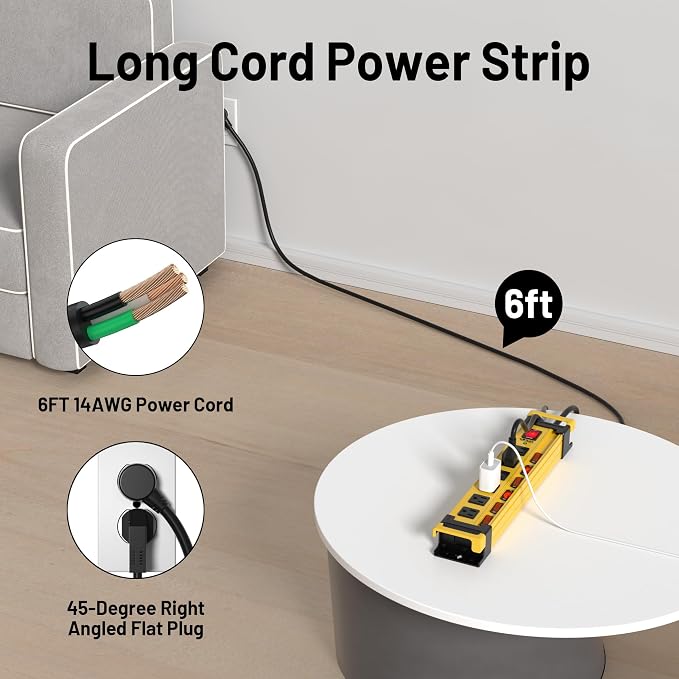 2 Pack Power Strip Surge Protector 2700J with Individual Switches and Flat Plug, 6 Outlet Heavy Duty Metal Power Strips with Cord Manager and Hook, Mountable 6FT 14AWG Extension Cord