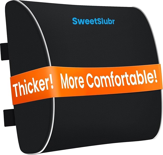 SweetSlubr Lumbar Support Pillow for Office Chair, Car & Gaming Chair, Ergonomic Memory Foam Cushion for Back Comfort, Zoned Back Support, Double Adjustable Straps, Breathable Washable Cover, Black