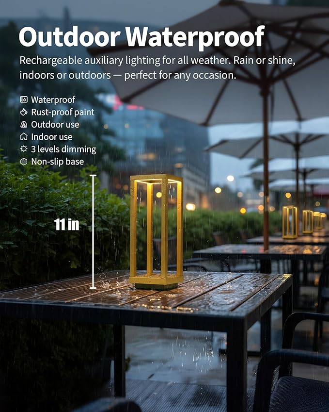 PUSU Cordless Waterproof Table Lamps Set of 2, Gold Outdoor Rechargeable 4000mAh Battery Operated Desk Lamp 2700K 3-Level Dimmable, Portable LED Lighting for Patio, Camping, Bedroom, Night Light