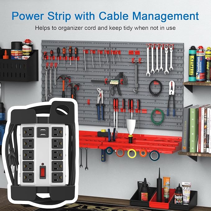 CCCEI Heavy Duty Power Strip with USB Ports, Garage 10 Outlets Surge Protector 2700 Joules, Industrial Workshop Metal 15Amp Multiple Outlets, 5 FT Extension Cord and Wide Spaced Grey.