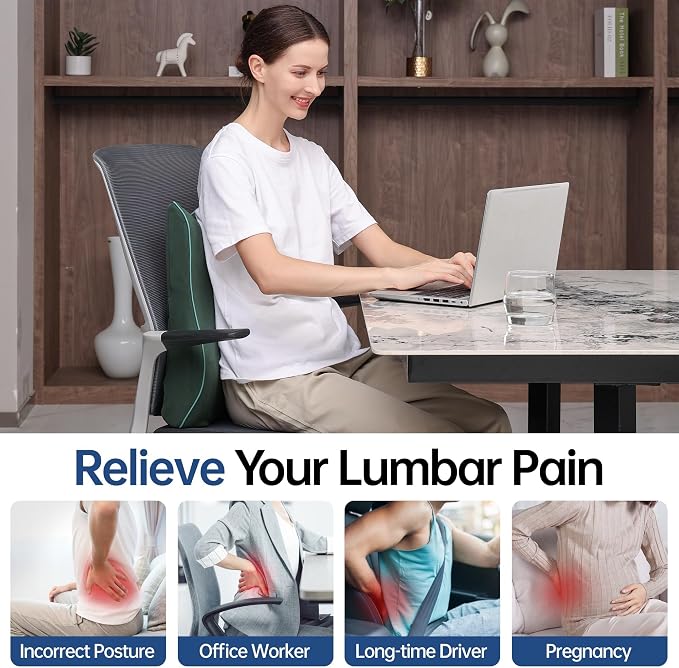 Lumbar Support Pillow for Office Chair Car Seat Gaming Chair, Memory Foam Back Support Pillow, Lumbar Cushion Back Cushion for Lower Back Pain Relief, Adjustable Strap Washable Cover-Dark Green