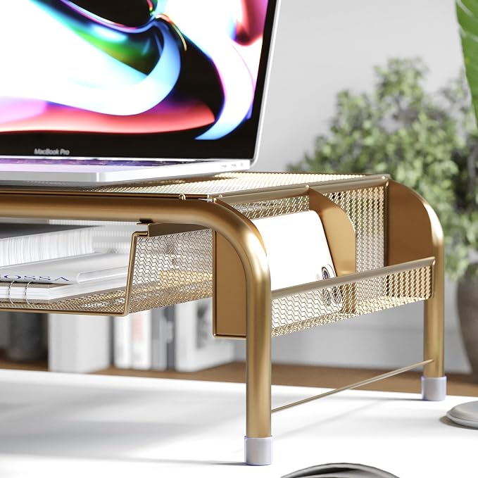 Martha Stewart Ryder Gold Mesh Metal Desktop Monitor Stand Riser with Organizer Drawer and Side Storage
