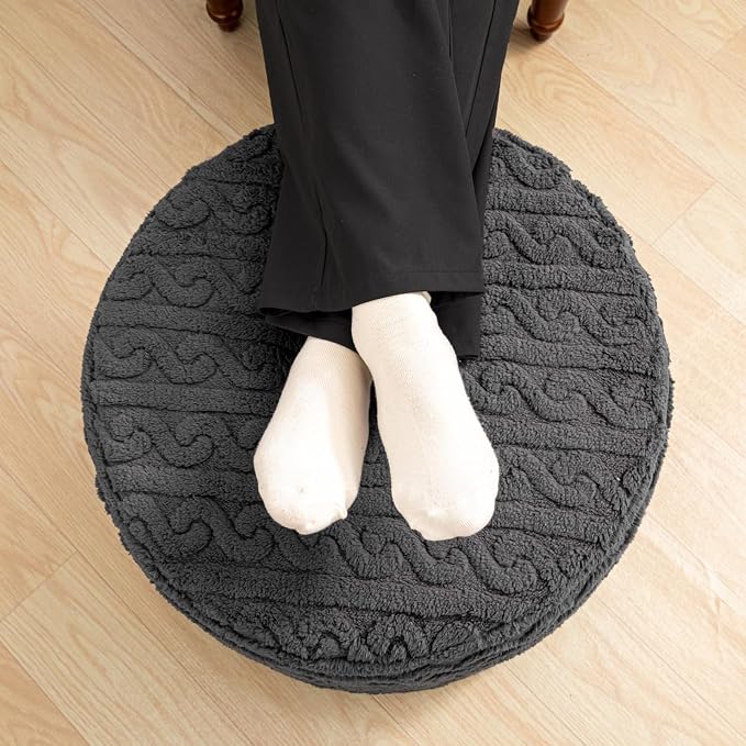 Round Plush Ottoman Pouf Stuffed– Fluffy Ottoman Foot Rest with Modern Foam Filler 20" x 14" Cozy Floor Pouf for Living Room & Bedroom (Gray)