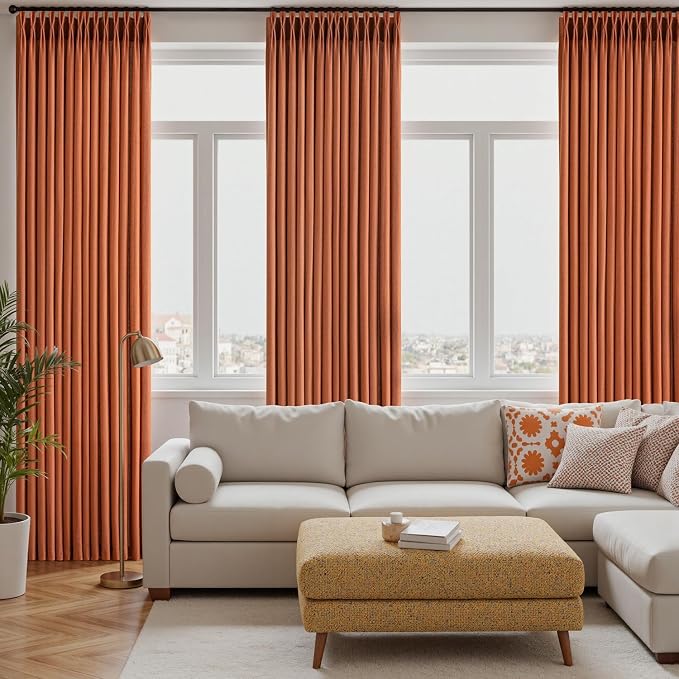 Memory Trained Pinch Pleated Curtains 108 Inches Long, Viral Linen Pinch Pleat Sheer Curtains with Ring Hooks&Clips for Track System Living Room,Terracotta Light Filtering Privacy Curtain 2 Panel Set