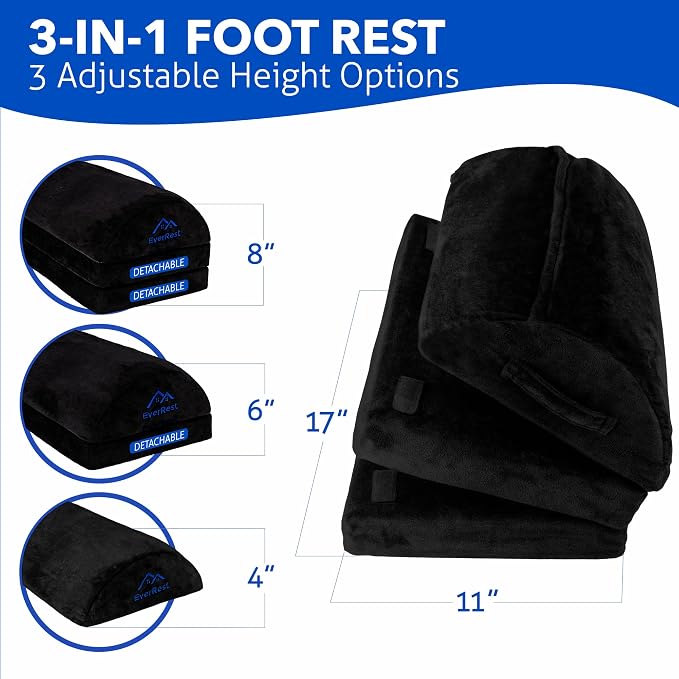 EverRest Under Desk Footrest for Office Use - Warmer Feet, 3 Adjustable Heights - Tall Ergonomic Foot Rest Stool for Gaming Chair, Computer - Leg Support for Work from Home
