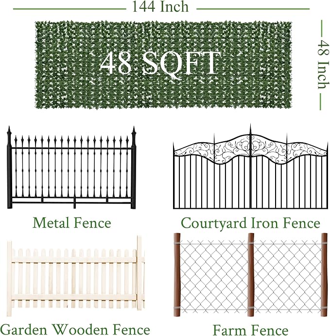 Artificial Ivy Privacy Fence Screen: 48"x 144" (48 Sqft) Anti-Ultraviolet Artificial Hedge Grass Wall, Used for Indoor and Outdoor Green Background, Garden Greening Decoration