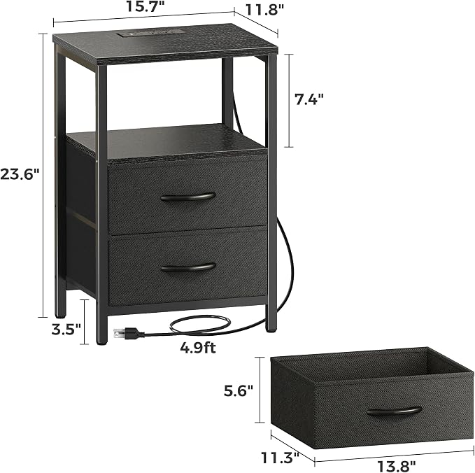 Huuger Nightstands Set of 2, End Tables with Charging Station, Side Tables with Fabric Drawers, Bedside Tables with USB Ports and Outlets, Night Stands for Bedroom, Black