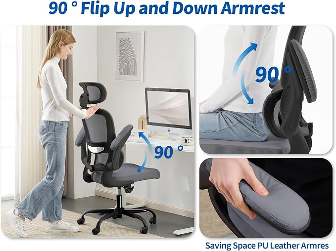 TRALT Ergonomic Office Chair - Desk Chair with Adjustable Headrest Lumbar Support Computer Chair - Mesh Comfy Chair with Flip-up Armrests - Gaming Chairs for Adults Home Office (Leather, Dark Grey)