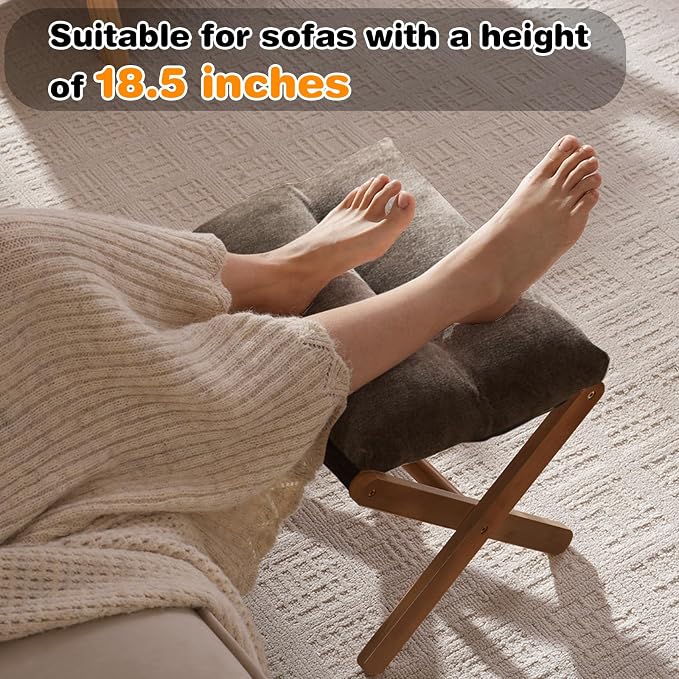 Baveke Ottoman Foot Rest- Bamboo Foldable Stool, Foot Stools Small Ottman with Upholstered & X Legs, Folding Stool for Makeup, Bedroom and Living Room (Small Brown)