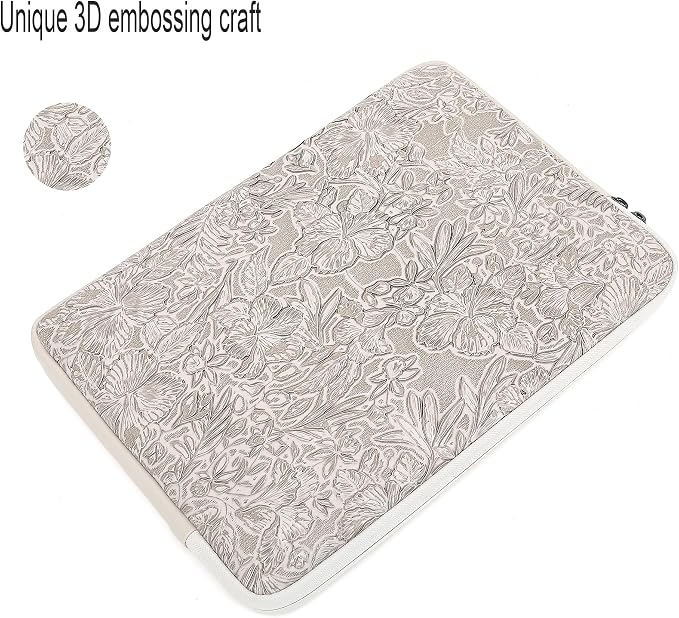 Embossing Floral Pattern PU Leather Laptop Sleeve Case with Pocket for MacBook Air 15 inch and 15 inch-15.6 inch HP, Lenovo, Dell, ASUS, Acer Notebook Computer (Ivory White)