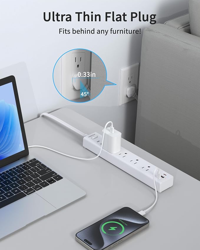 HOPOW Flat Plug Power Strip, 10 Ft Ultra Thin Flat Extension Cord, Surge Protector with 5 Outlets & 3 USB Ports (2 USB C), 1700 Joules, Wall Mount, Desktop Charging Station for Home Office Dorm, White