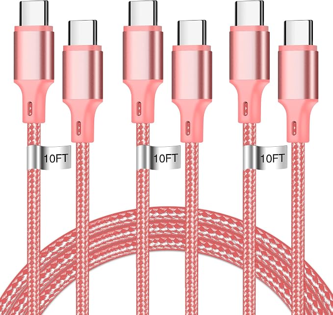 USB C to USB C Charger Cable, 3Pack 10FT Type C Fast Charging Cord Compatible for iPhone 15/16/17/Pro/Max/Plus, iPad Pro Air Ps5 Controller Samsung Galaxy - Pink