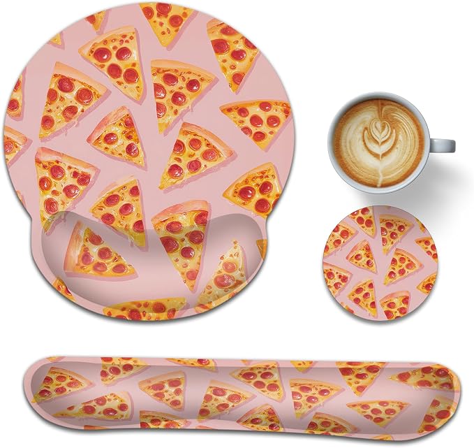 Ergonomic Memory Foam Wrist Rest Set for Keyboard and Mouse,Cute Pizza Supportive Mouse Pad with Non Slip Base for Office Work and Gaming