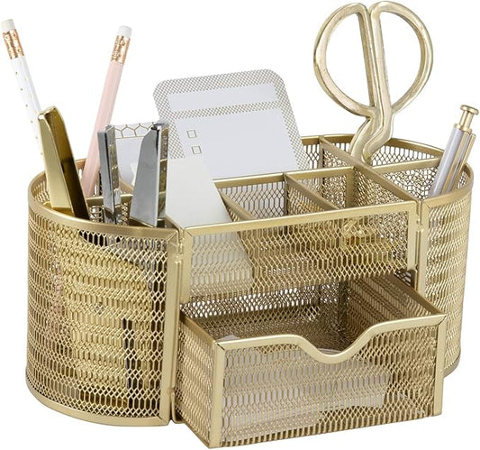 BLU MONACO | Gold Desk Organizer Set with Drawer | Metal Mesh Desk Accessories for Women | Stylish Desktop Organizer for Office Storage, Supplies & Small Stationery