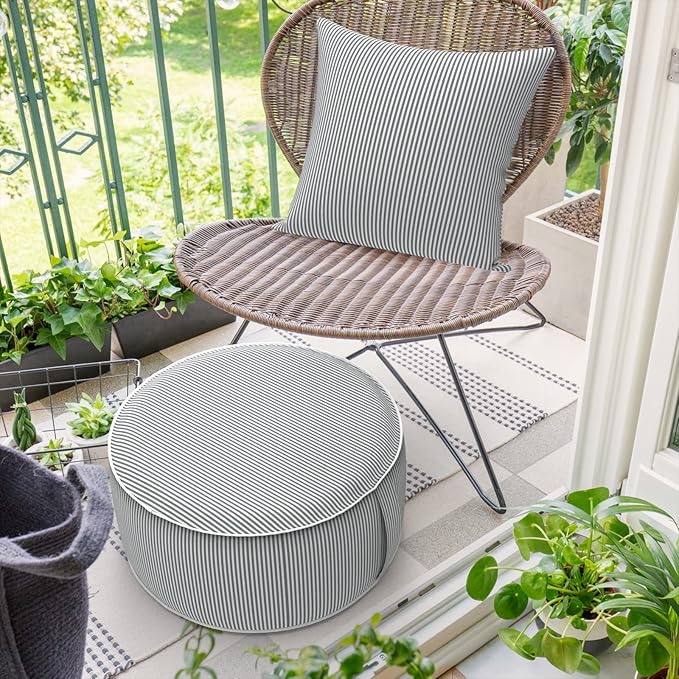 DYTXIII Inflatable Ottoman Stool D21 xH9 for Outdoor/Indoor Use, Water Repellent Patio Foot Rest Stool with Portable Handle,Round Pouf Ottoman Suitable for Garden,Deck and Camping - Stripe Grey