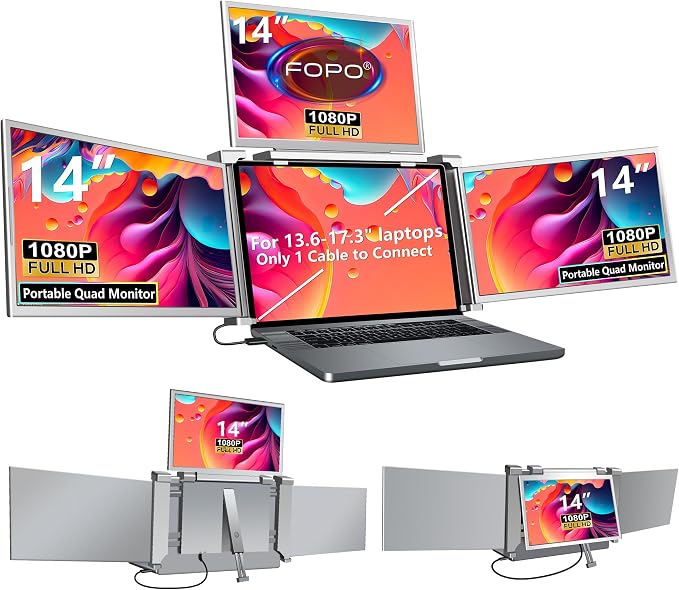 14" Laptop Screen Extender Monitor Portable, Quad Monitor, Just 1 Cable for 3 Screens, FHD 1080P IPS Laptop Extender Compatible with Wins/Mac(M1 M2 M3) for 13.6" - 17.3" Laptops