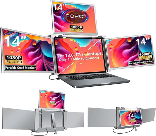 14" Laptop Screen Extender Monitor Portable, Quad Monitor, Just 1 Cable for 3 Screens, FHD 1080P IPS Laptop Extender Compatible with Wins/Mac(M1 M2 M3) for 13.6" - 17.3" Laptops
