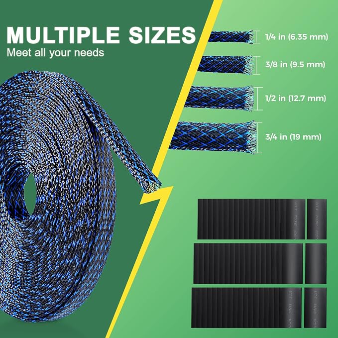 132 ft Expandable Braided Cable Sleeve Wire Loom PET Wire Sleeving，Wrap Management Mesh for Audio Video and Other Home Device Cable Automotive Wire - (1/2 Inch, 1/4 Inch, 3/8 Inch,3/4 Inch,Blue)