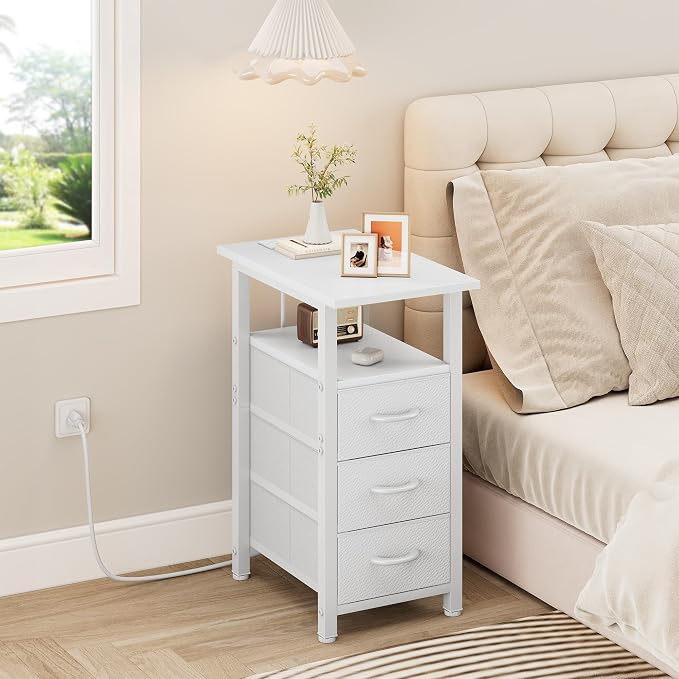 Vagusicc Set of 2 White Night Stand with Charging Station, Narrow Nightstand with U-S-B Ports and Outlets, Small Night Stand 3 Fabric Storage Drawers, Small Bedside Table