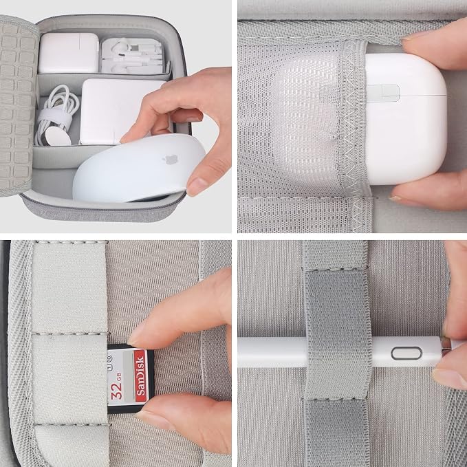 Elonbo Hard Travel Cords Organizer Universal Small Electronic Accessories Carrying Case for Chargers Cables MacBook Adapter Magic Mouse Apple Pencil USB Flash Disk Tech Portable Storage Bag, Grey
