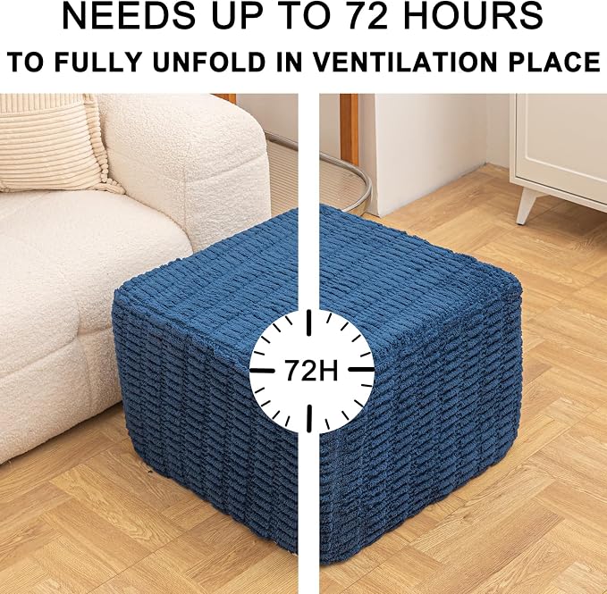 Round Plush Ottoman Pouf Stuffed– Fluffy Ottoman Foot Rest with Modern Foam Filler 20" x 14" Cozy Floor Pouf for Living Room & Bedroom (Navy Blue)