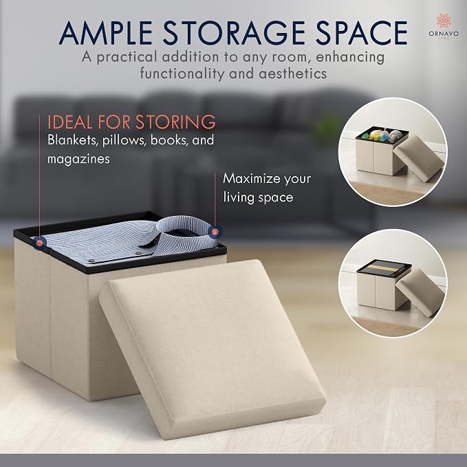 Ornavo Home Small Storage Ottoman, Set of 2 Foldable Collapsible Cube Square Linen Ottoman Foot Rest Stool Seat, for Living Room, Bedroom, Home Office, Dorm - 12 x 12 x 12, Beige