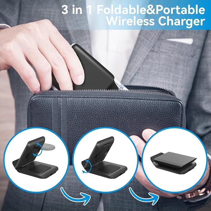 Geyo Wireless Charger for Samsung Galaxy Z Flip 7/6/5/4/3, 3 in 1 Foldable Charging Station for Motorola Razr, Portable Travel Charger for Phone, Galaxy Watch & Buds, Black (PD Adapter Included)
