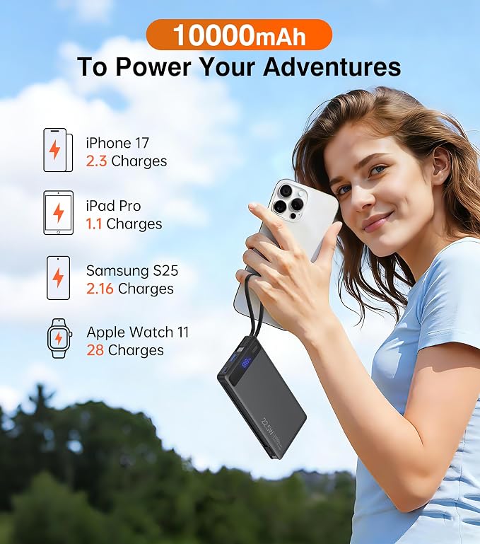 Power Bank with 2 Built-in Cables 10000mAh, 22.5W PD Slim Portable Charger USB C Battery Pack, Travel Essentials Fast Charging Powerbank Compatible with iPhone 17 16 15 Plus Pro Samsung iPad (1 Pack)