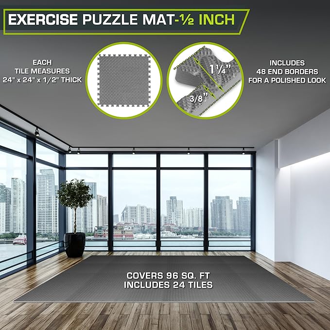 ProsourceFit Exercise Puzzle Mat ½-inch, EVA Interlocking Foam Floor Tiles for Home Gym, Workout Equipment, Kids Play Areas, Grey, 96 SQ FT - 24 Tiles