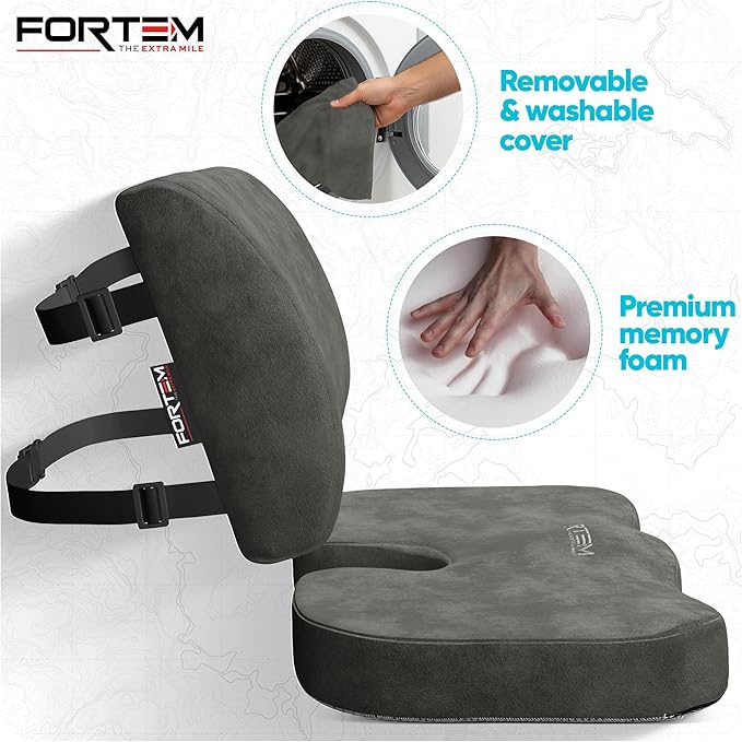 FORTEM Seat Cushion, Office Chair Cushion, Lumbar Support Pillow for Office Chair, Memory Foam Car Seat Cushions, Sciatica Coccyx Tailbone Pain Relief, Cushions for Back Support, Washable, Non Slip