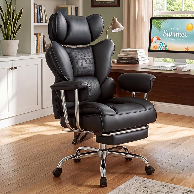 DUMOS Big and Tall Office Chair 350 LBS, Scratch-Resistant PU Leather Executive Office Desk Chair with Footrest, Ergonomic Reclining Computer Chair with Pocket Spring Support for Home Office, Black