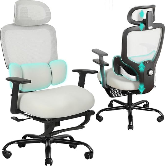 Ergonomic Office Chair with Footrest, Mesh Desk Chair with Adjustable Headrest & Armrests & Dynamic Floating Wing Lumbar Support, High Back Computer Chair for Home Office, BIFMA Certified, Grey