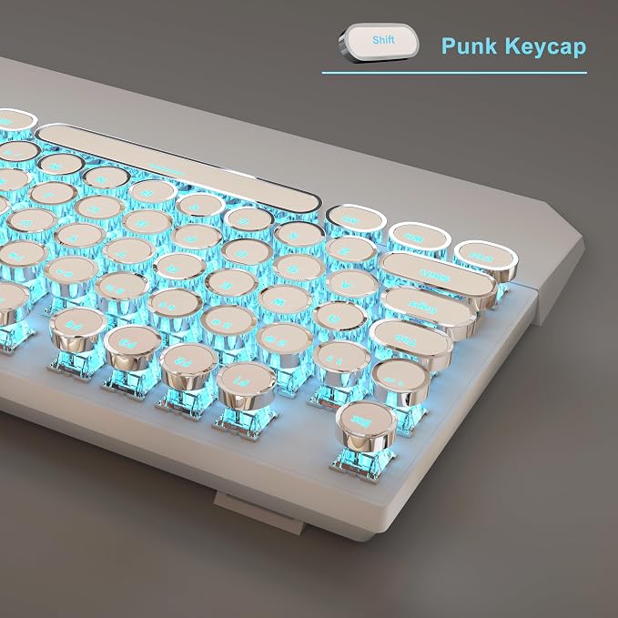 Typewriter Mechanical Gaming Keyboard and Mouse Combo, Retro Punk Round Keycaps RGB Rainbow Backlit Wired Keyboard for Game and Office, for Windows Laptop PC, Red Switches(White)