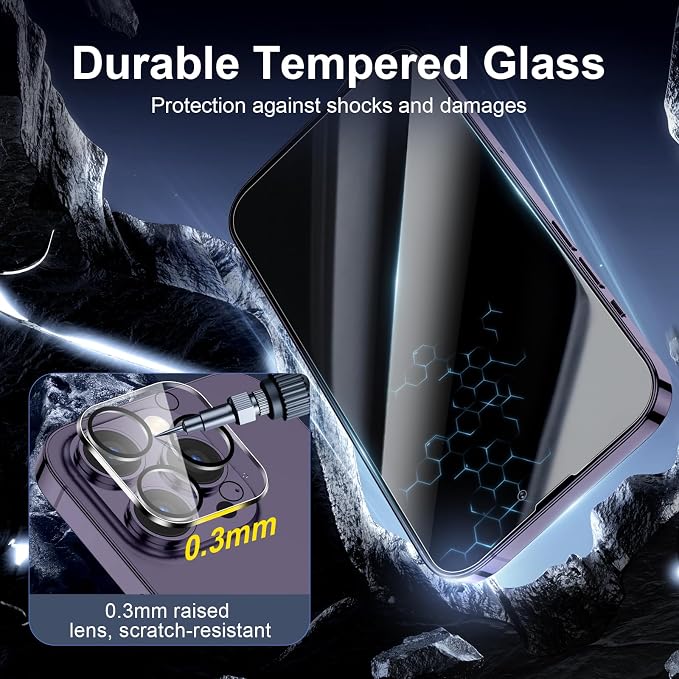 NEW'C 3x Privacy for iPhone 14 Pro Screen Protector (6.1 inches)+ 3x Camera Lens Protector, Sensor Protection,Case Friendly Tempered Glass Film + Dust Plug - Enhanced Privacy Angle of 28 Degrees