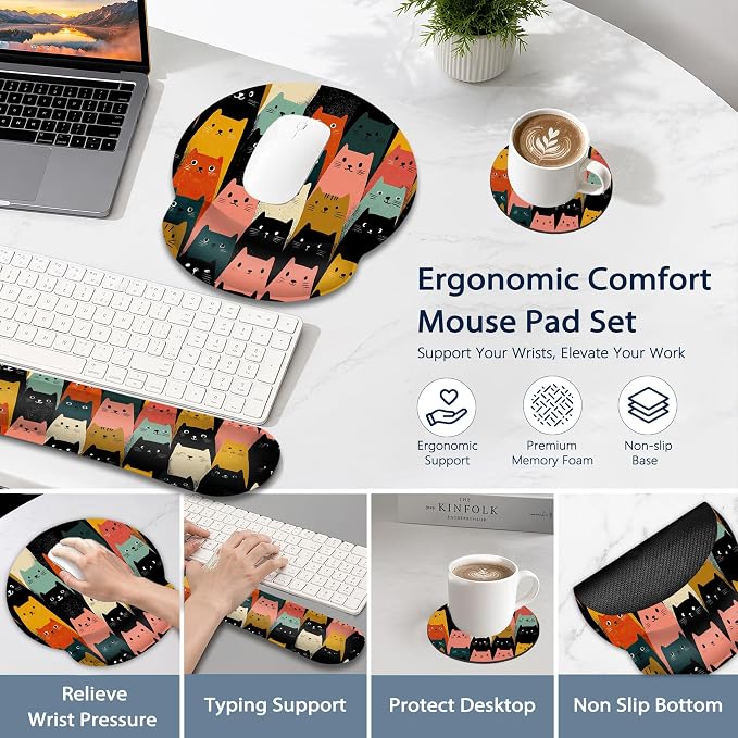 Cute Cat Wrist Rest Mouse Pad and Keyboard Support Set,3 in 1 Ergonomic Memory Foam Mousepad with Non Slip Base, Gaming Mouse Pad for Office and Home