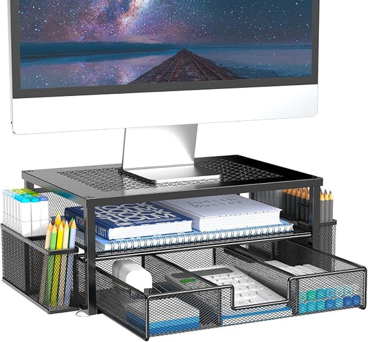MINDEPOT 2 Tier Computer Monitor Stands with Drawer and 2 Pencil Holder, Metal Monitor Stand, Office Desk Accessories Workspace Desktop Organizers for Office Supplies, Black