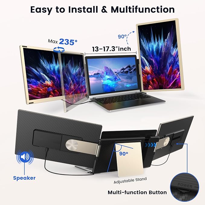 Laptop Screen Extender, 15.6" Detachable Triple Portable Monitor, 1080P FHD IPS Display, Sturdy & Durable, USB-C/HDMI Plug-Play Monitor Extender for Mac/Win/Android, Fits 13-17" Laptops