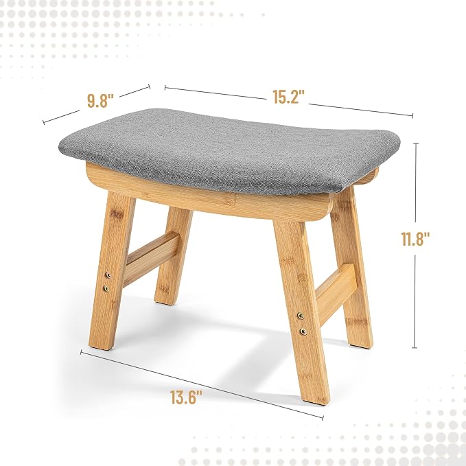 BAMBOO LAND- Bamboo Foot Stools Ottoman, Gray Cushion & Natural Wood Legs, Small Ottoman Foot Rest for Couch