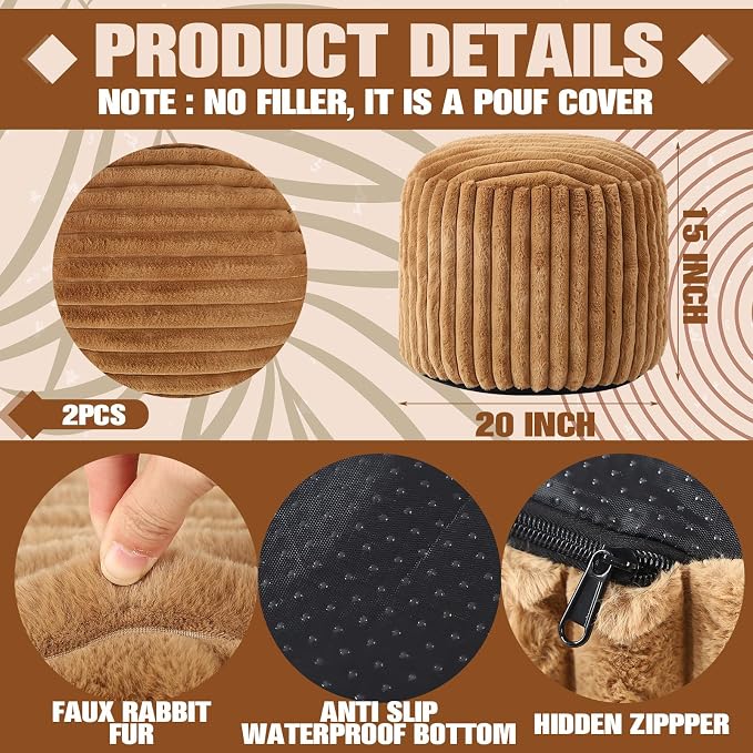 Teenyyou 2 Pcs 20 x 15 Inch Unstuffed Pouf Cover Ottoman Foot Rest - No Filler, Faux Rabbit Fur Foot Stool Floor Bean Bag Floor Chair Storage for Living Room Bedroom Home Decor(Brown)