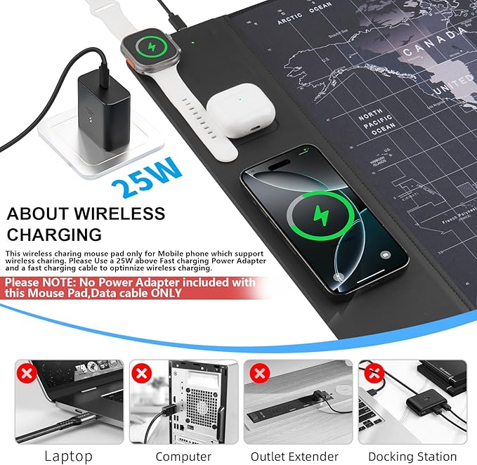 VOVIPO Wireless Charging Mouse Pad 15W, Waterproof Gaming Mousepad with Ultra-Smooth Surface, Non-Slip Base, XXL Large Desk Mat 90 x 40cm,Black World Map Computer Desk Pad for MacBook, PC, Laptop
