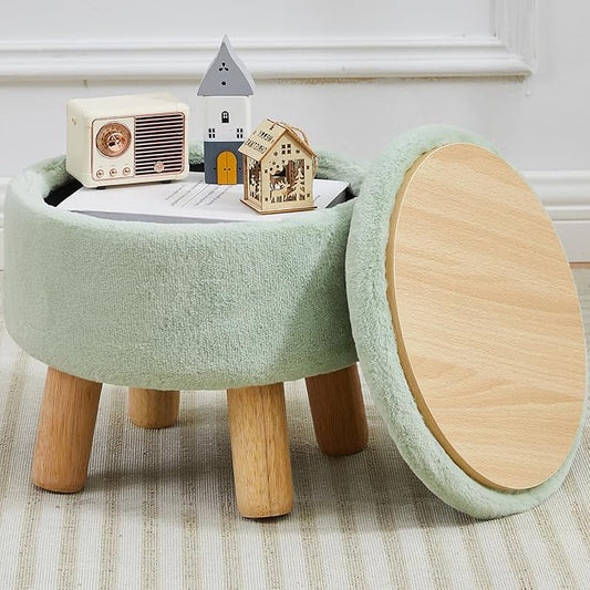 Small Foot Stool Ottoman with Storage, Soft Faux Fur Ottoman Foot Rest for Couch, Round Footstool with Storage, Small Ottomans and Footstools for Living Room and Entryway (Light Green)