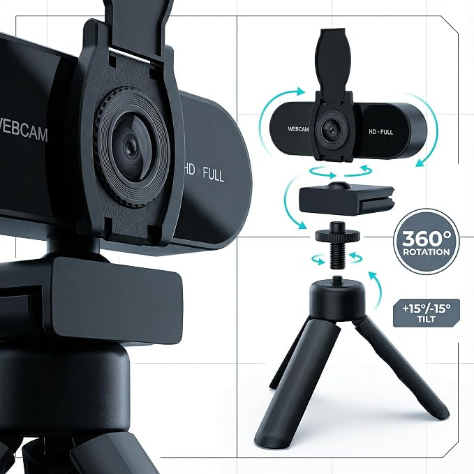 2K HD Webcam with Microphone, Noise Cancellation, Privacy Cover, Wide-Angle Lens, Auto Light Correction, Plug & Play USB Webcam for Laptop, Desktop, PC, Mac, Zoom, Skype, Streaming