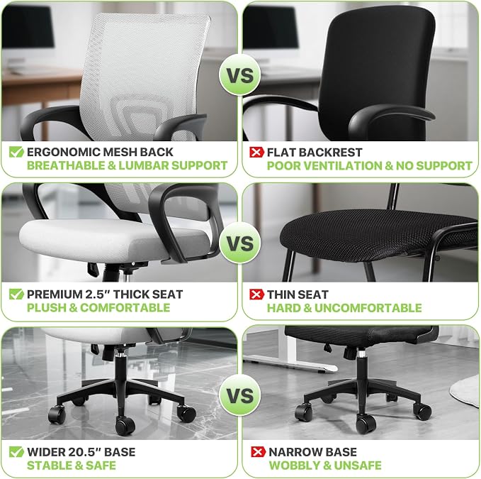Magshion Ergonomic Office Chair 20 Pack, Mid-Back Mesh Desk Chair, Adjustable Swivel Computer Chair with Lumbar Support & Breathable Backrest for Gaming, Work, Study, 300 Lbs Capacity, White