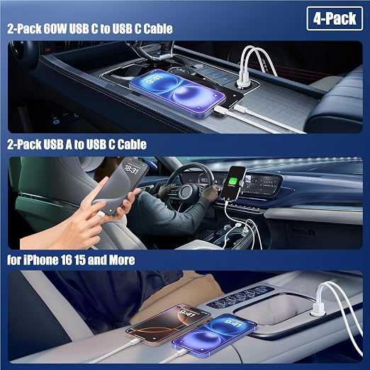 Car Carplay Cable for iPhone 17 16 15, 2-Pack 10FT 60W USB C to USB C Cable And 2-Pack 10FT USB A to USB C Cable for iPhone 17 16 15，for Galaxy S25 S24, for iPad Pro/Air, for MacBook Pro/Air and More
